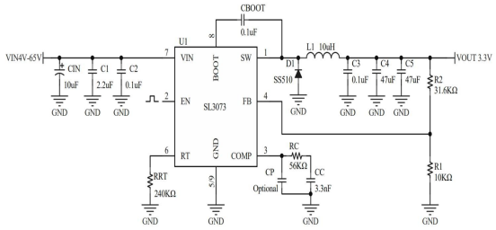 SL3073 DCDC输入4V-65V 3A电流高效异步降压芯片